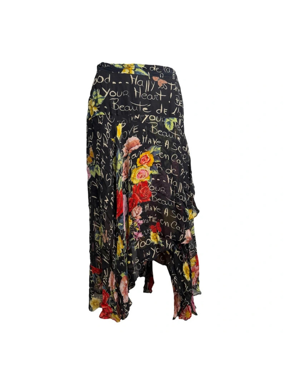 Vintage René Derhy Y2K Floral Script Print Chiffon Handkerchief Hem Skirt